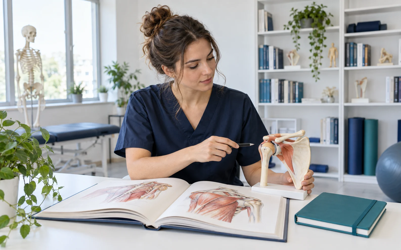 Scena ilustrativa: o fizioterapeuta studiaza un atlas si un model anatomic.
